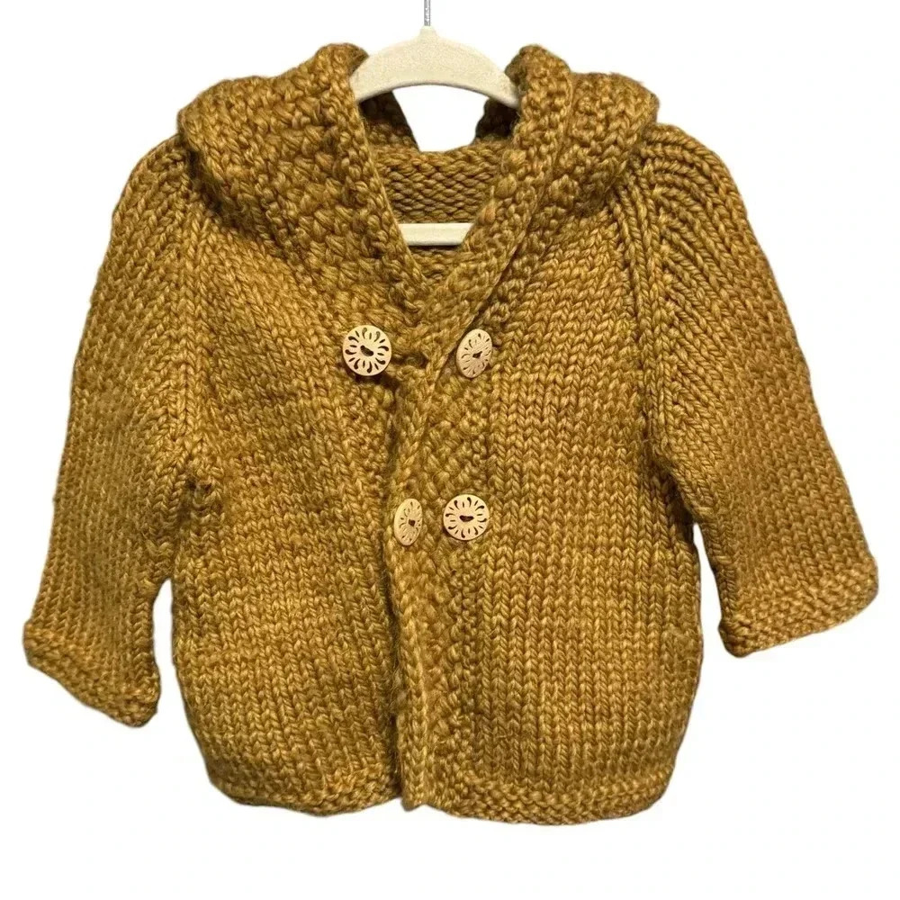 Artisan Hand Knit Chunky Cardigan Sweater Hooded Golden Orange Size 18-24 Months